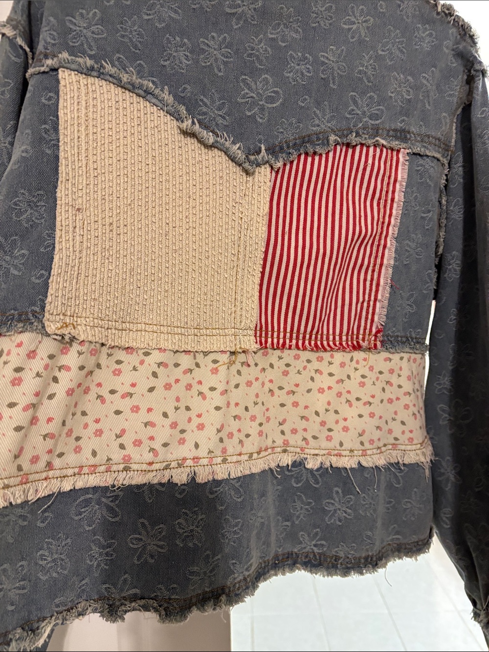 Boho Patchwork Denim Jacket - Floral & Stripe Panels - Picture 5 of 6